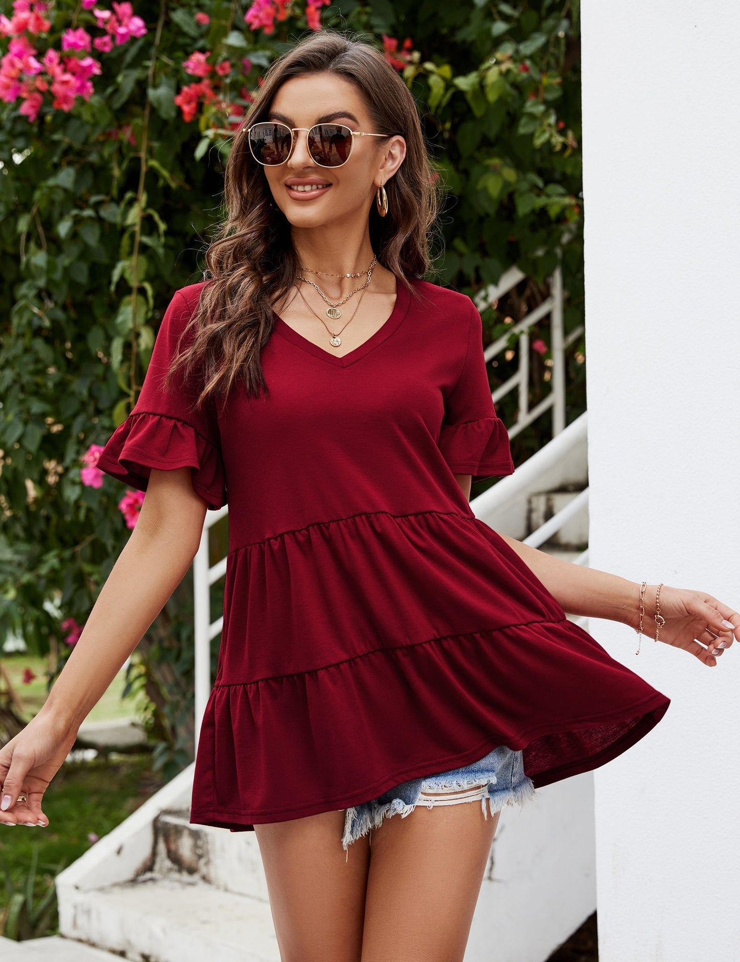 CLEARLOVE Peplum Tops for Women Summer Casual V Neck T Shirts Wine Red