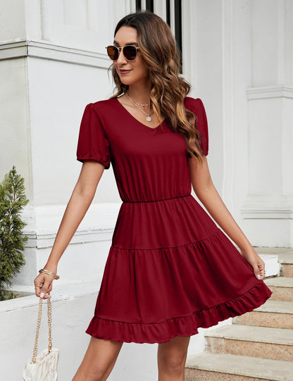 YESFASHION Women's Ruffled Mini Dress Wine Red