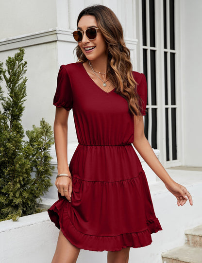 YESFASHION Women's Ruffled Mini Dress Wine Red