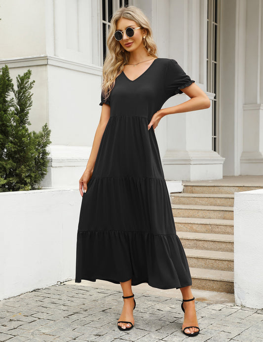 YESFASHION Boho Swing Straight Long Puff Sleeve Maxi Dress