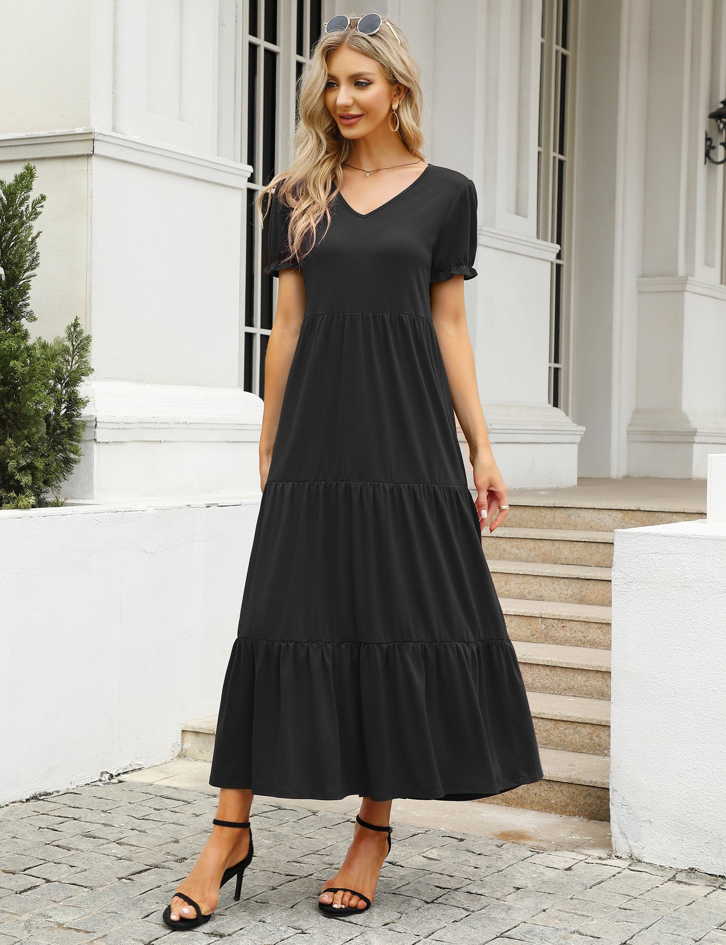 YESFASHION Boho Swing Straight Long Puff Sleeve Maxi Dress