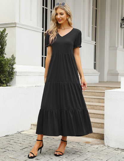 YESFASHION Boho Swing Straight Long Puff Sleeve Maxi Dress