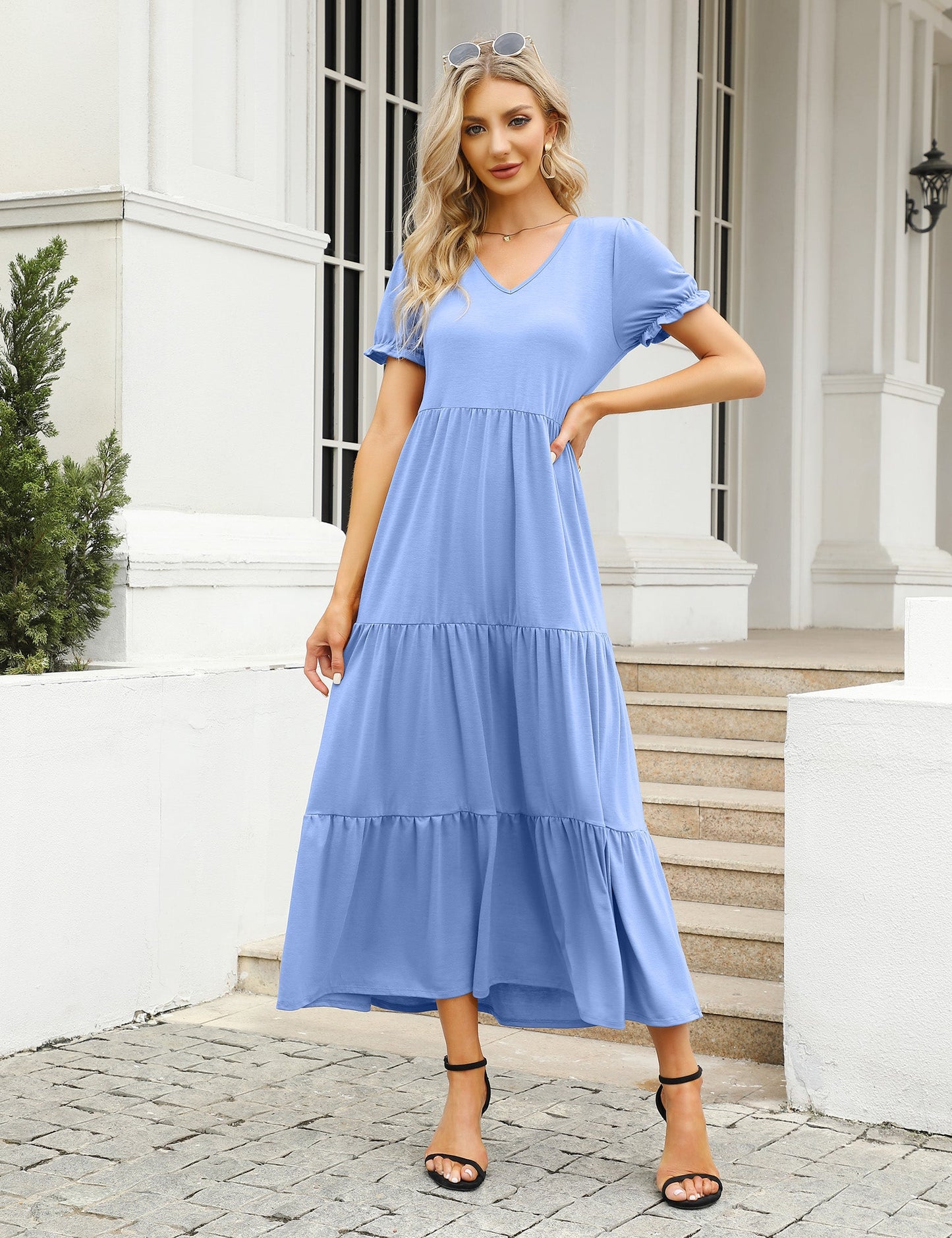 YESFASHION Boho Swing Straight Long Puff Sleeve Maxi Dress