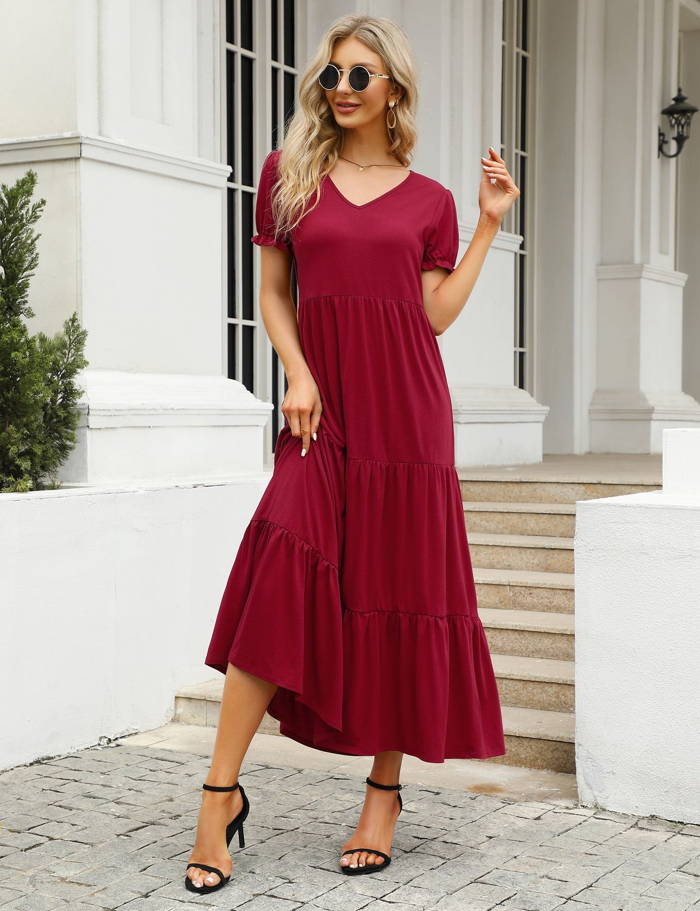 YESFASHION Boho Swing Straight Long Puff Sleeve Maxi Dress Wine Red