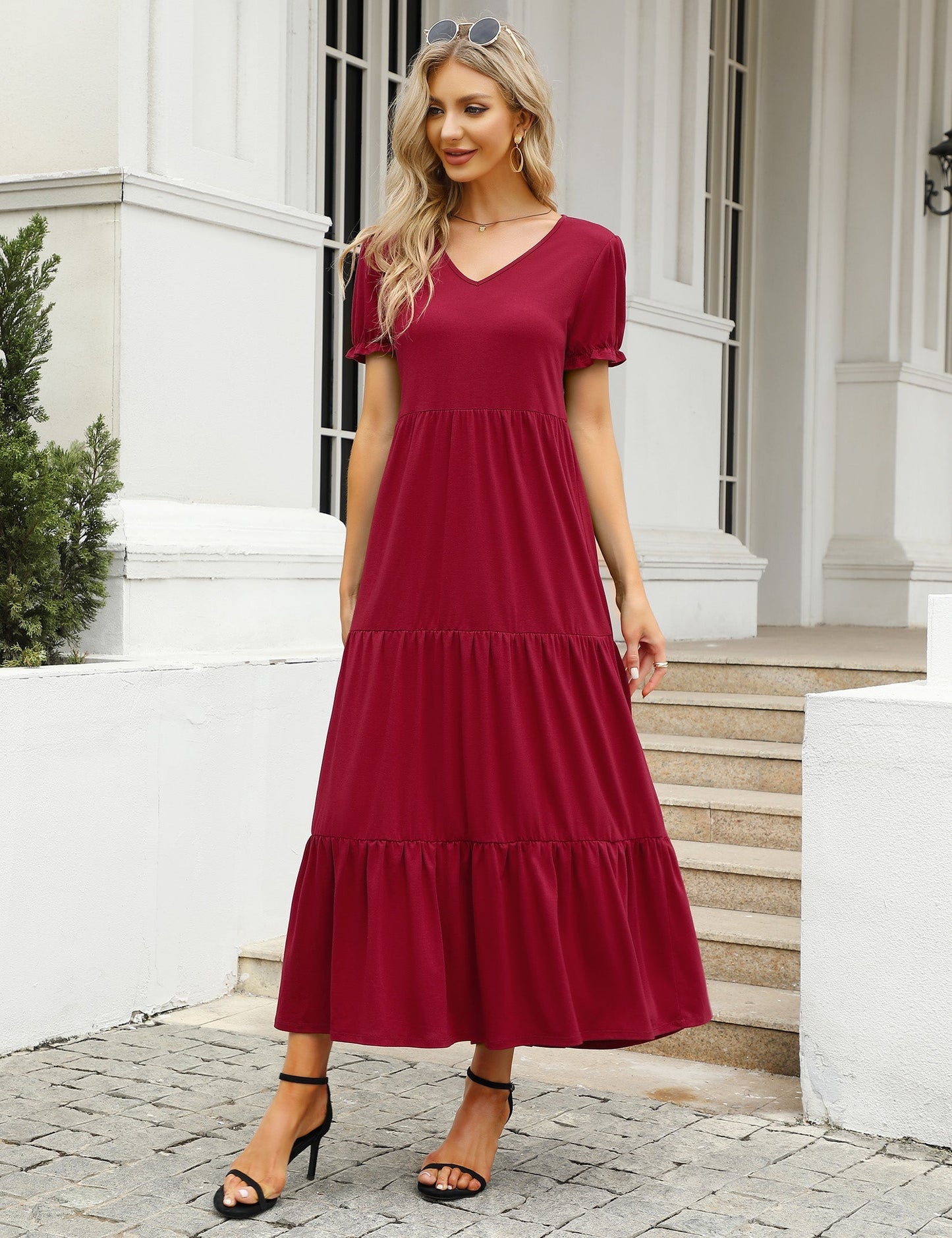 YESFASHION Boho Swing Straight Long Puff Sleeve Maxi Dress Wine Red