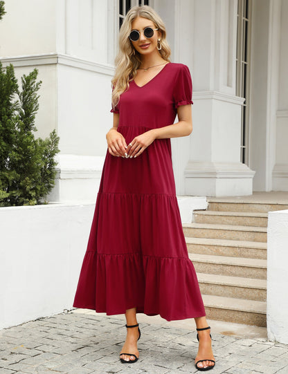 YESFASHION Boho Swing Straight Long Puff Sleeve Maxi Dress Wine Red