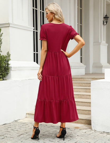 YESFASHION Boho Swing Straight Long Puff Sleeve Maxi Dress Wine Red