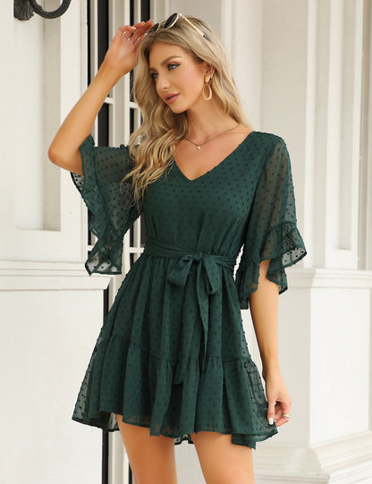 YESFASHION Women's Summer Chiffon Polka Dot Bell Sleeve Dress Green