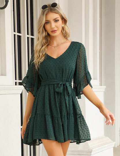 YESFASHION Women's Summer Chiffon Polka Dot Bell Sleeve Dress Green