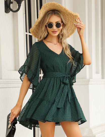 YESFASHION Women's Summer Chiffon Polka Dot Bell Sleeve Dress Green