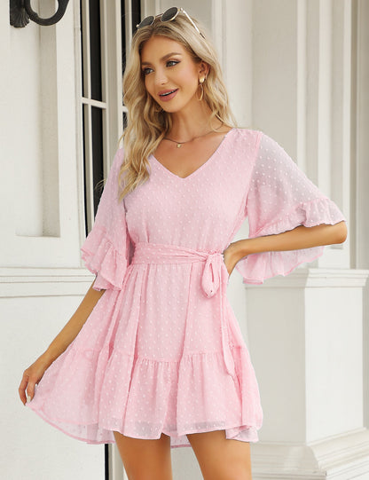 YESFASHION Women's Summer Chiffon Polka Dot Bell Sleeve Dress Pink