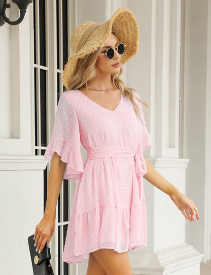 YESFASHION Women's Summer Chiffon Polka Dot Bell Sleeve Dress Pink