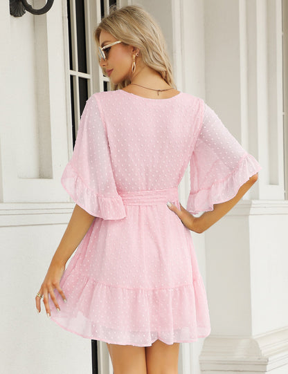 YESFASHION Women's Summer Chiffon Polka Dot Bell Sleeve Dress Pink