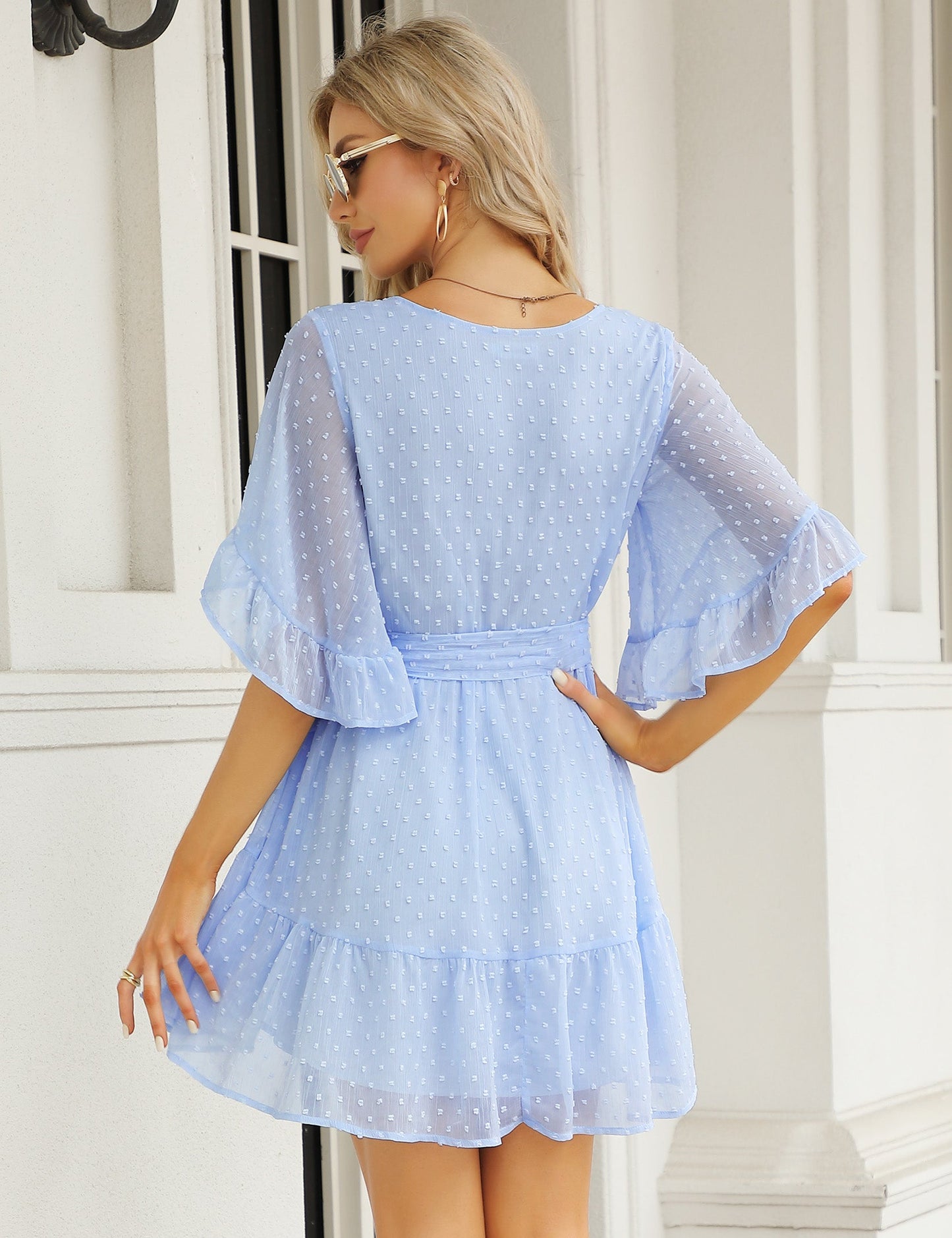 YESFASHION Women's Summer Chiffon Polka Dot Bell Sleeve Dress