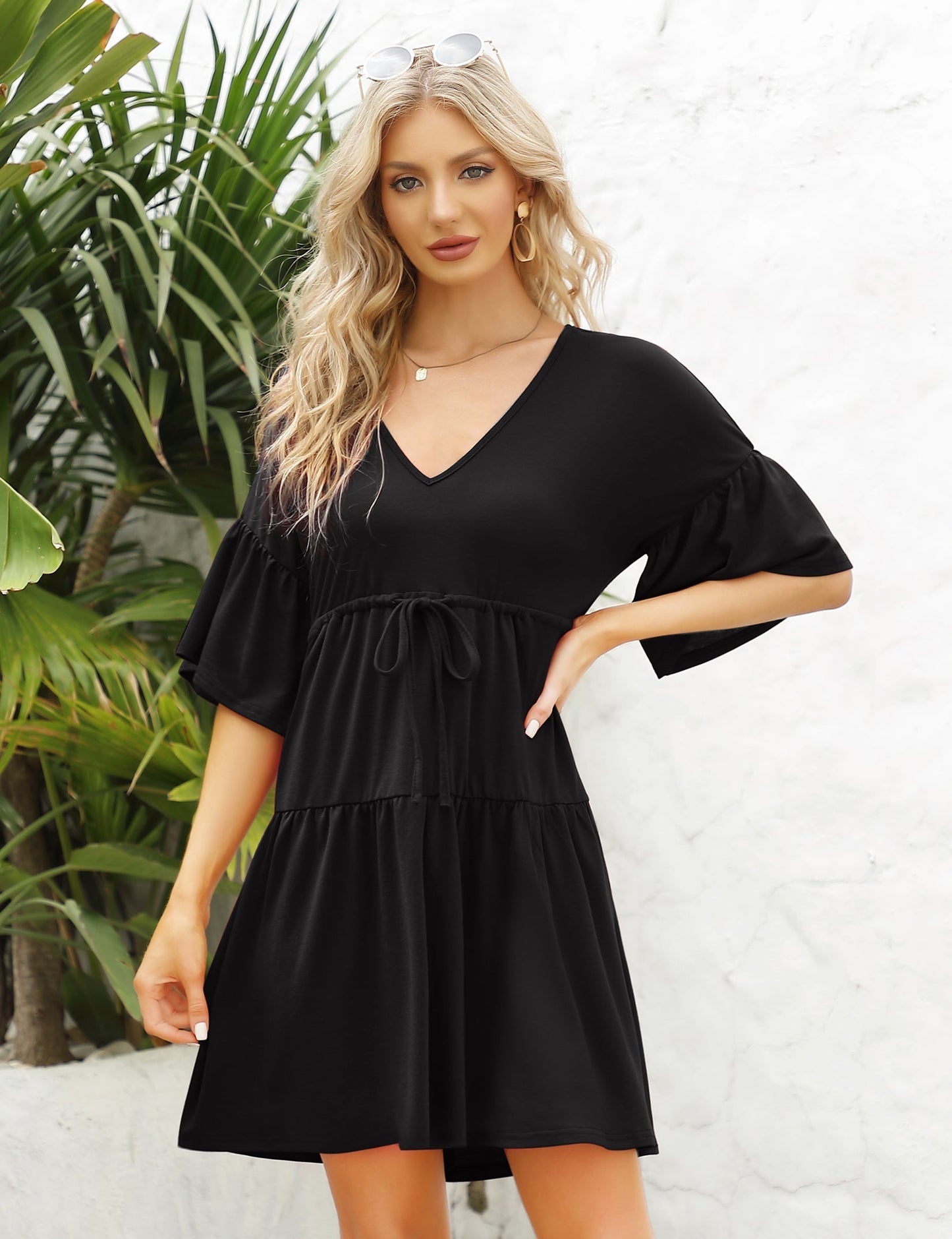 YESFASHION Women's Flowy Babydoll Casual Bell Sleeve Dress Black