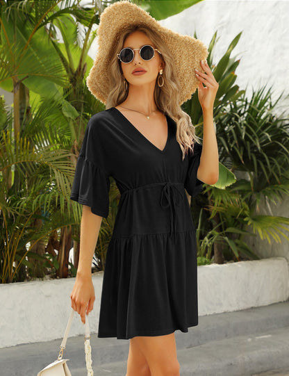 YESFASHION Women's Flowy Babydoll Casual Bell Sleeve Dress Black