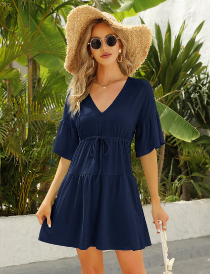 YESFASHION Women's Flowy Babydoll Casual Bell Sleeve Dress Navy Blue