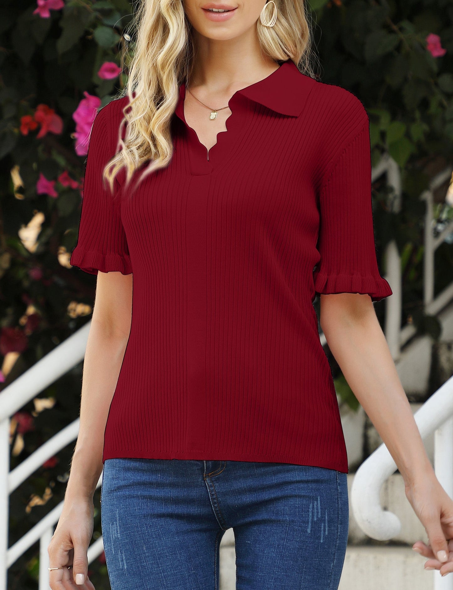CLEARLOVE Womens Short Sleeve Polo Sweaters Ruffle Knit Tops Wine Red