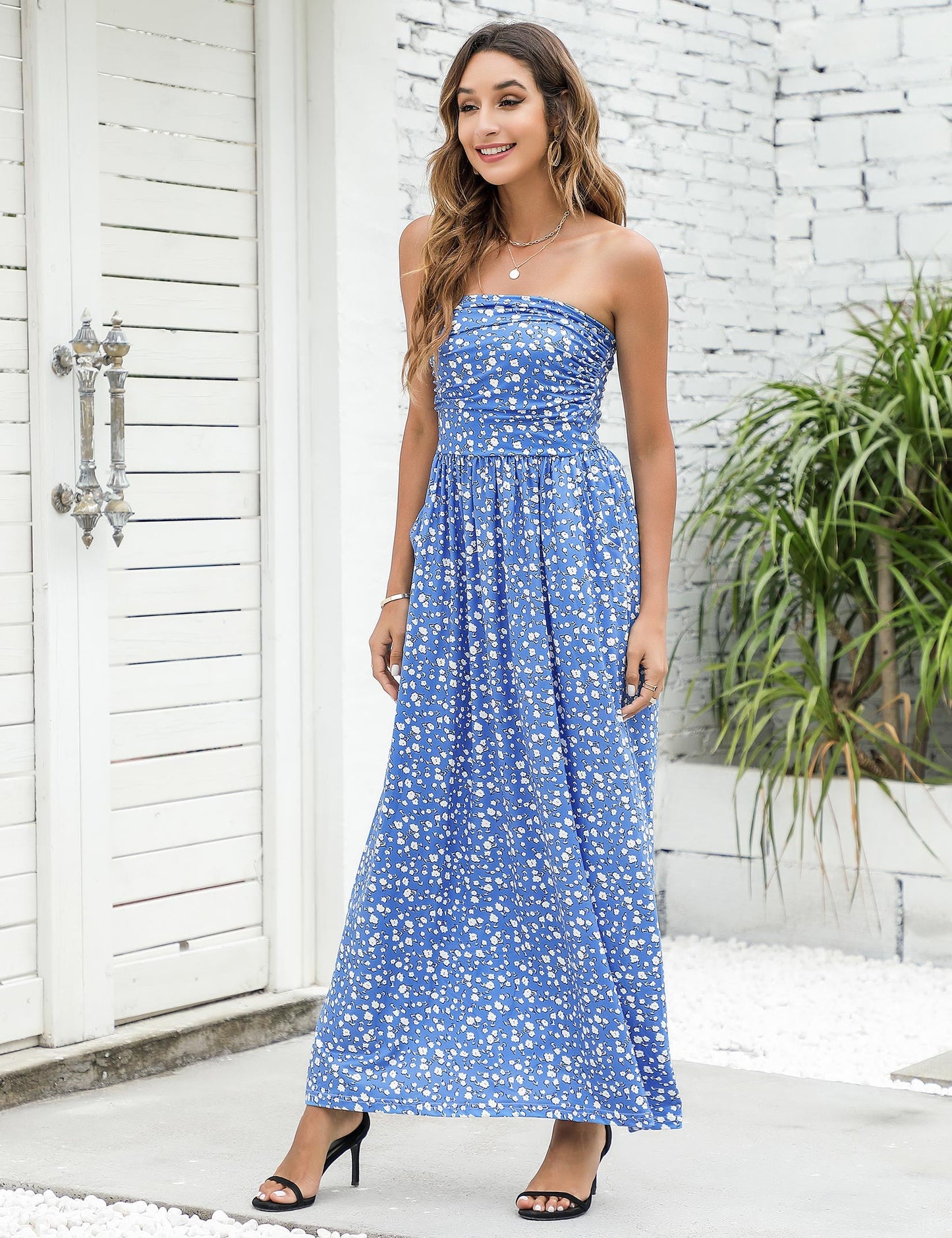 YESFASHION Women's Strapless Graceful Floral Party Maxi Long Dress Floral Blue