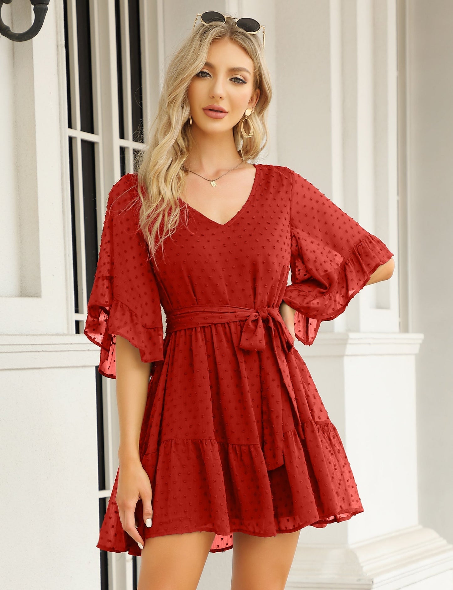 YESFASHION Women's Summer Chiffon Polka Dot Bell Sleeve Dress Red Black