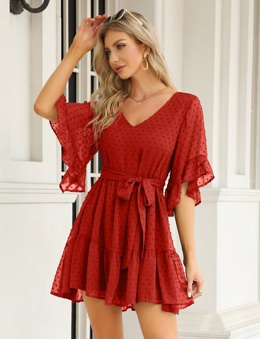 YESFASHION Women's Summer Chiffon Polka Dot Bell Sleeve Dress Red