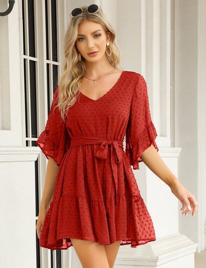 YESFASHION Women's Summer Chiffon Polka Dot Bell Sleeve Dress Red