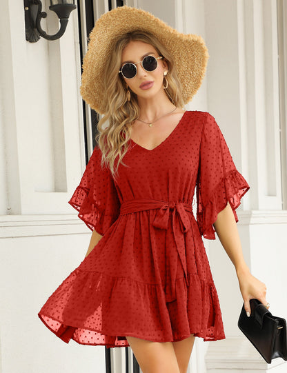 YESFASHION Women's Summer Chiffon Polka Dot Bell Sleeve Dress Red