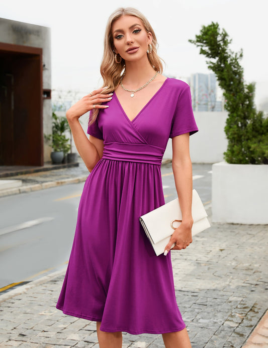 YESFASHION Women's V-neck Casual Dress Purple