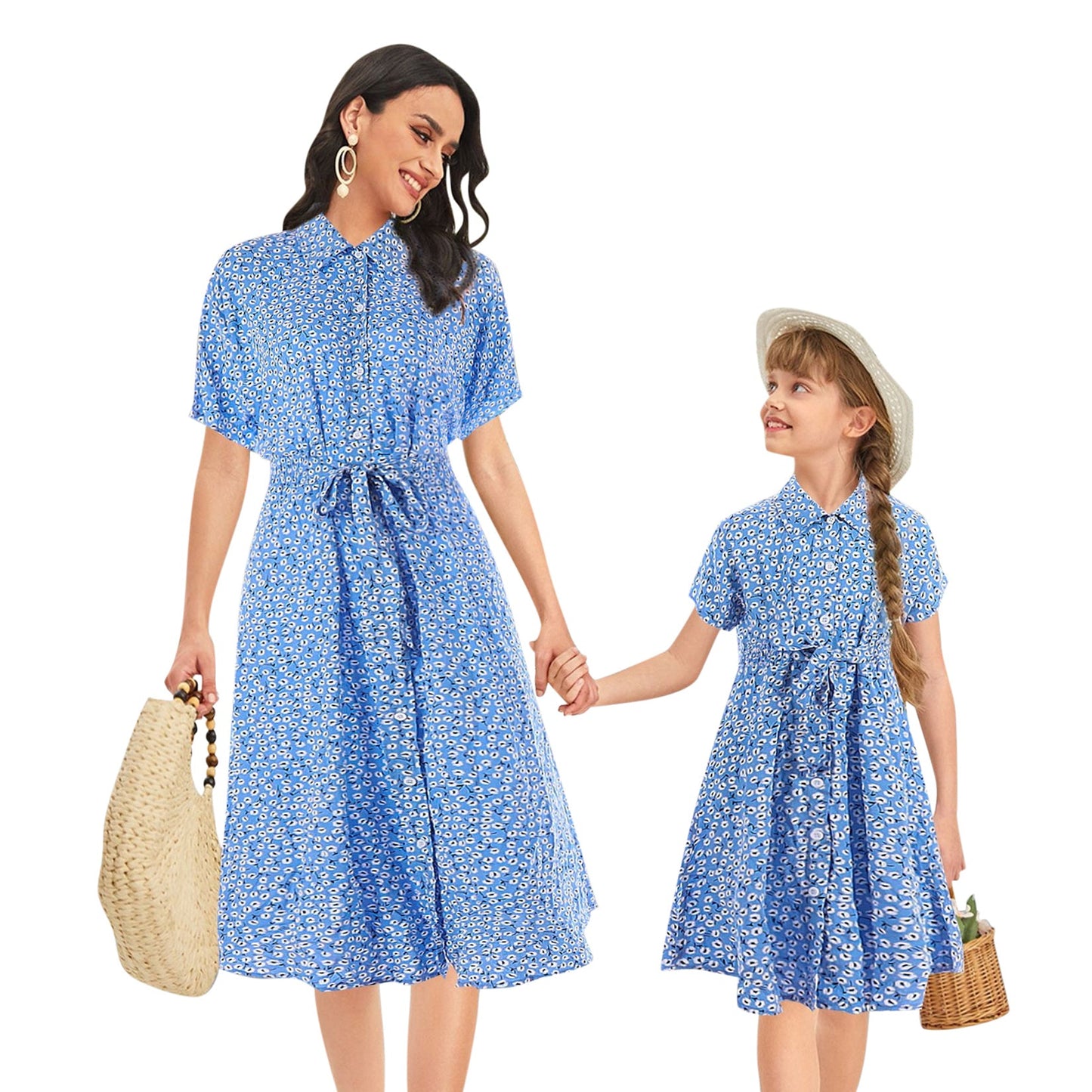 YESFASHION Button Waist Strap Slit Parent-child Summer Dress