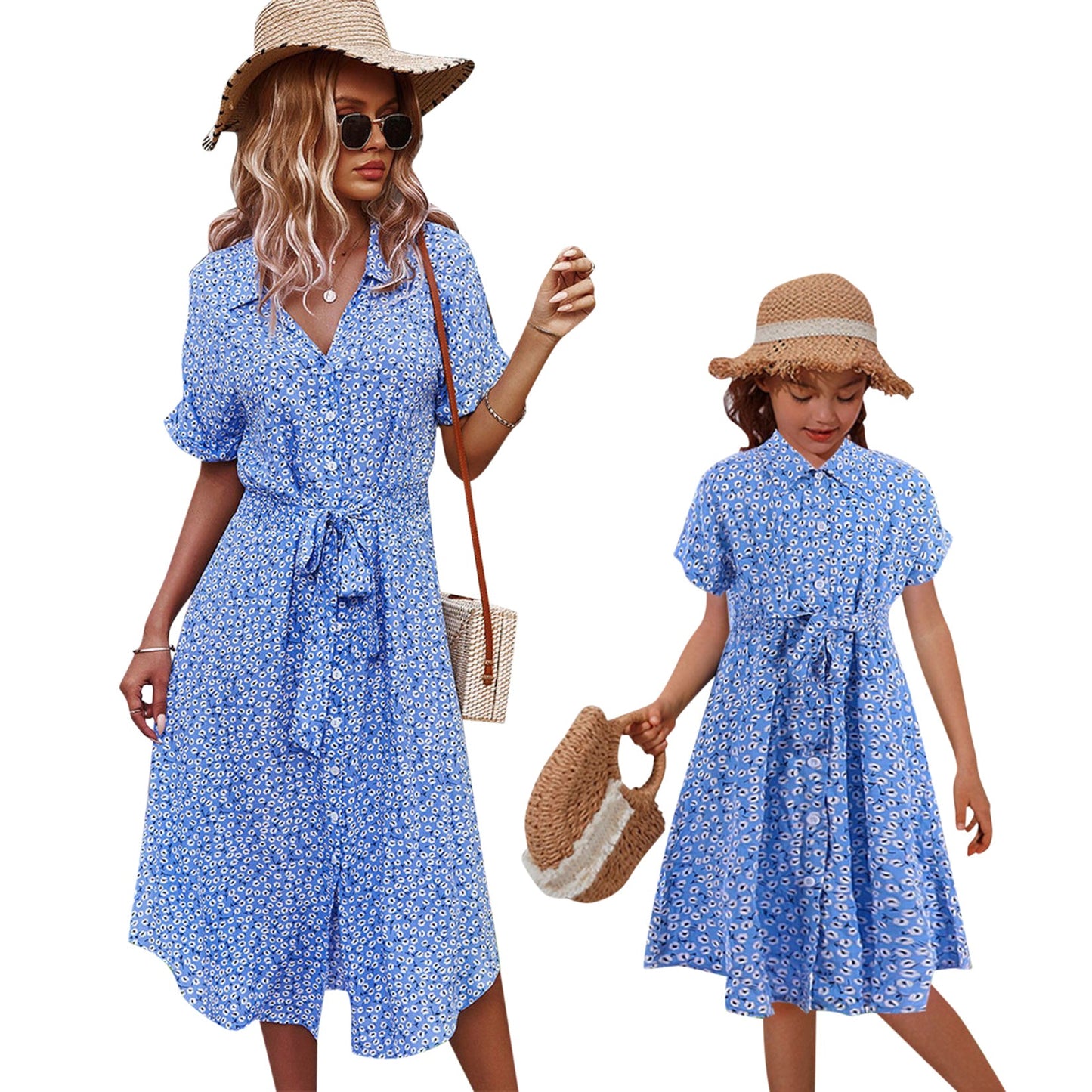 YESFASHION Button Waist Strap Slit Parent-child Summer Dress