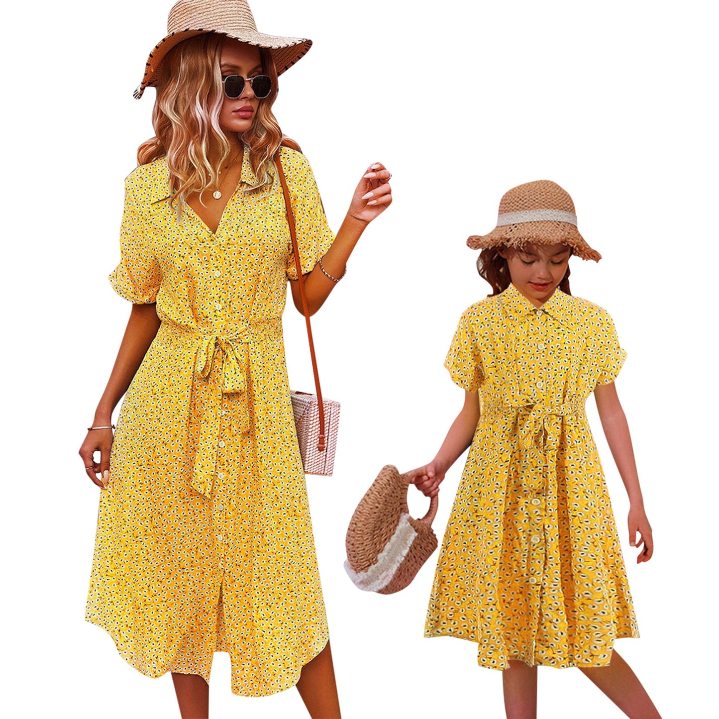 YESFASHION Button Waist Strap Slit Parent-child Summer Dress