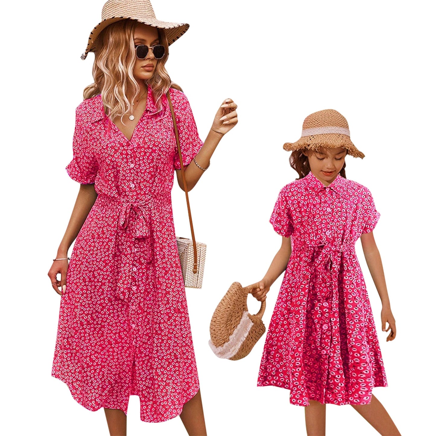 YESFASHION Button Waist Strap Slit Parent-child Summer Dress