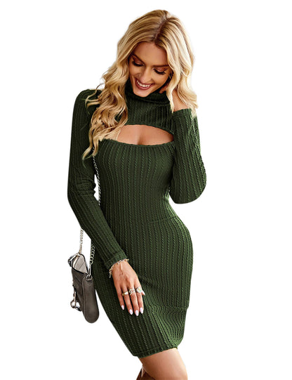 YESFASHION Long-sleeved Hollow Knitted Dress Package Hip Skirt PBY-0Y01