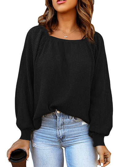 YESFASHION Square Neck Loose Casual Knitted Sweater Tops