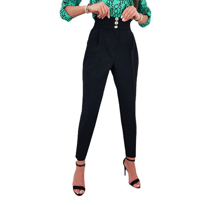 YESFASHION Solid Color Slim Fitting Pants Button Pants