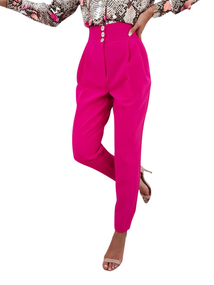 YESFASHION Solid Color Slim Fitting Pants Button Pants