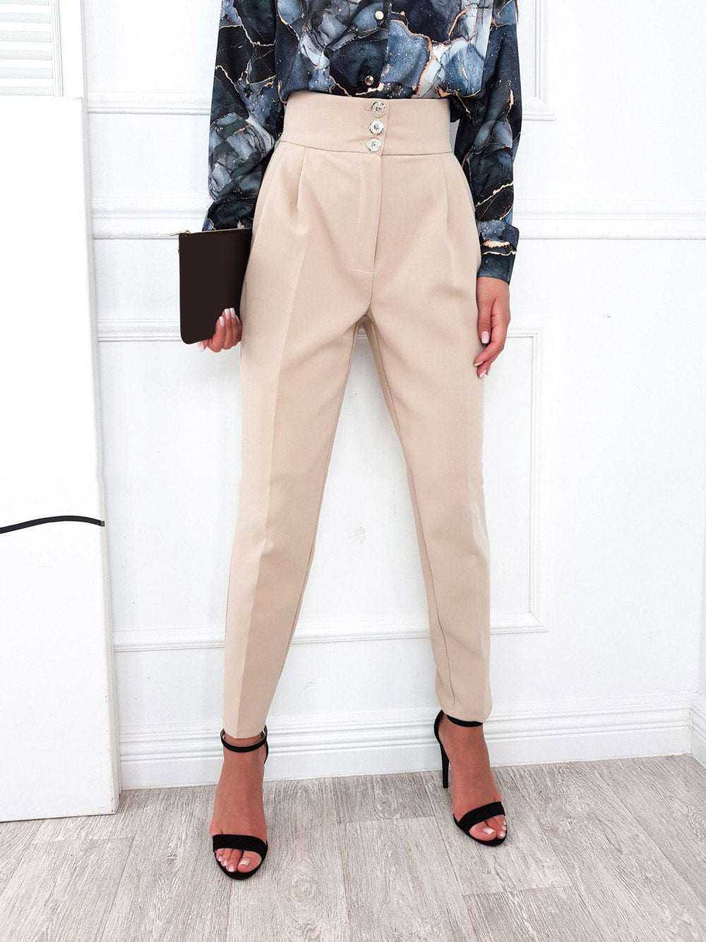 YESFASHION Solid Color Slim Fitting Pants Button Pants