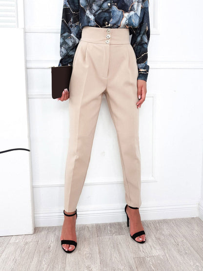 YESFASHION Solid Color Slim Fitting Pants Button Pants