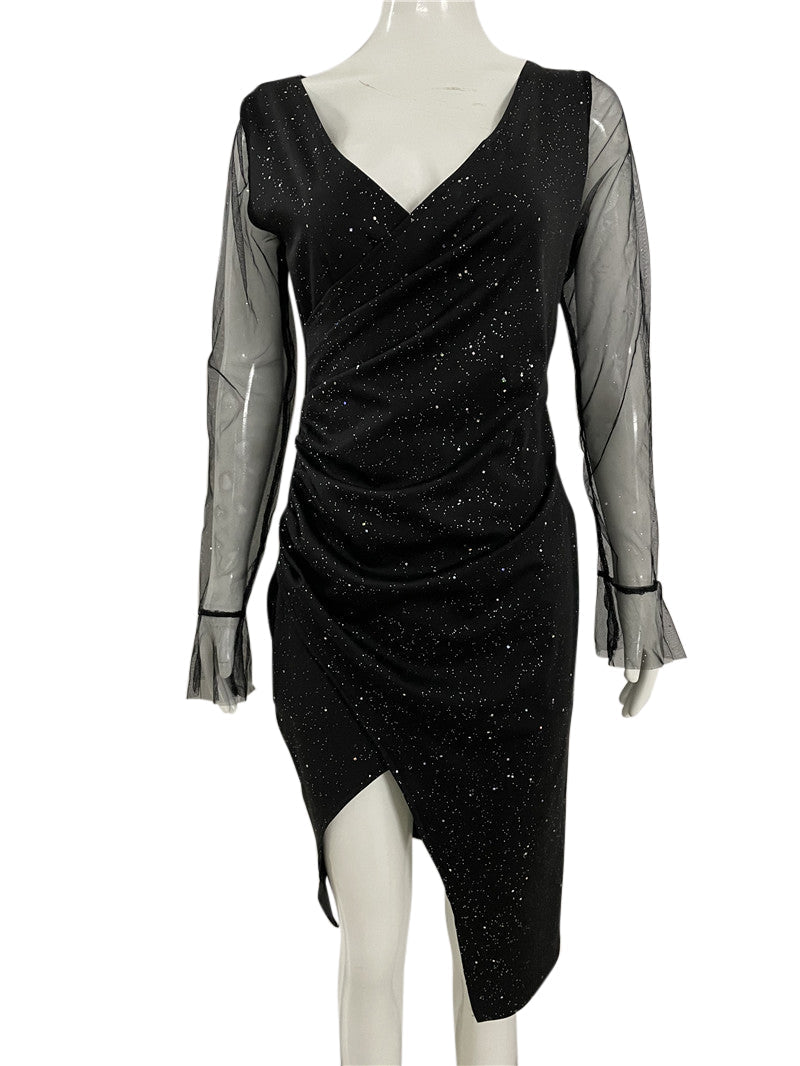 Women Sequins V-neck Pack Hip Sexy Mesh Dress Dress Women