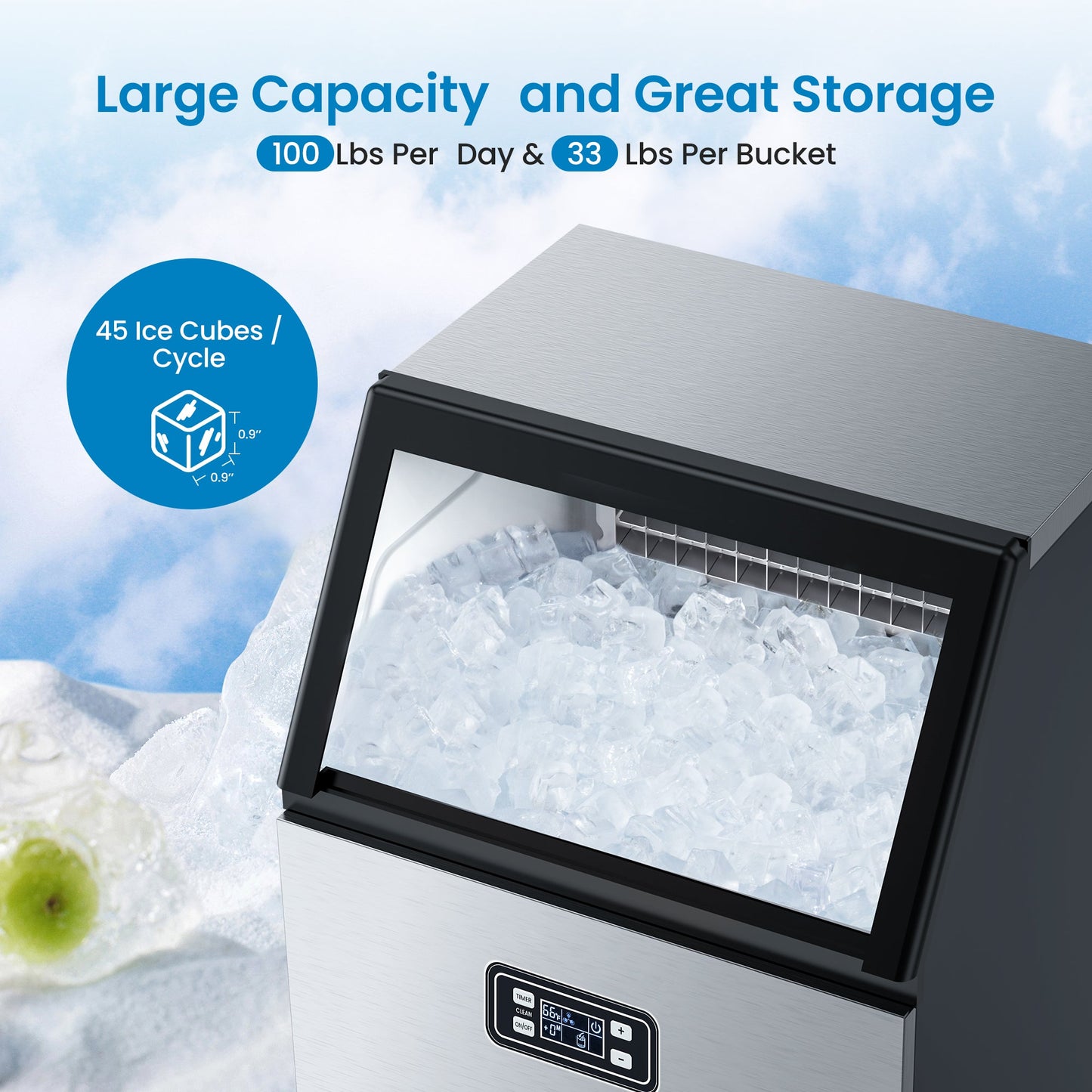 GARVEE 100LBS Commercial Ice Maker Machine Under Counter Stainless Steel Ice Machine