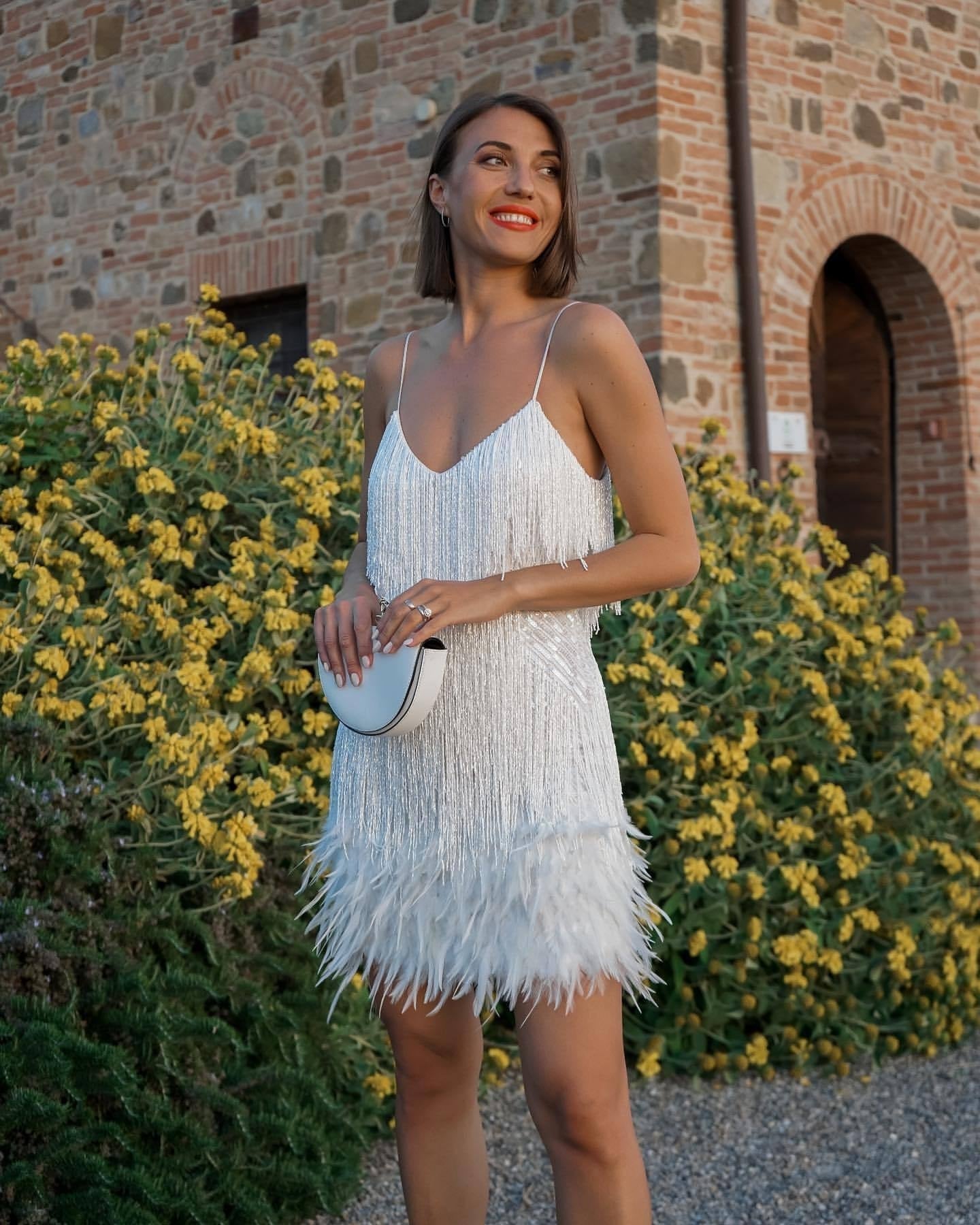 YESFASHION Fringed Feather Sexy V-neck Suspender Dress