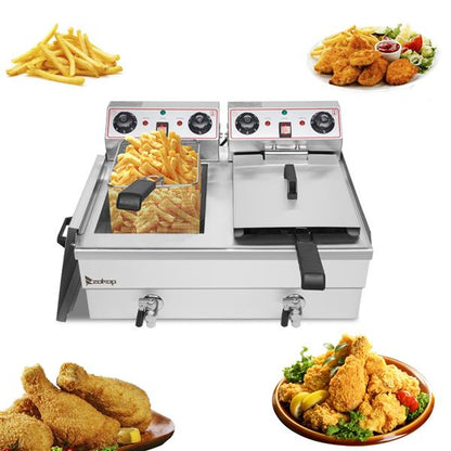 ZOKOP Double Tank Deep Fryer EH102V 16.9QT / 16L Stainless Steel Faucet