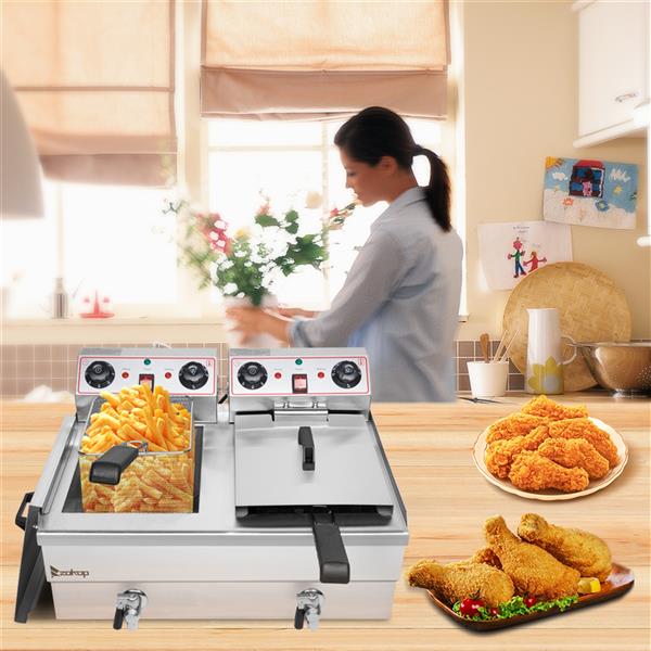 ZOKOP Double Tank Deep Fryer EH102V 16.9QT / 16L Stainless Steel Faucet