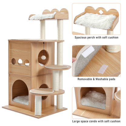 BEESCLOVER Wooden Cat Tree Multi-level Cat Climbing Tower Beige