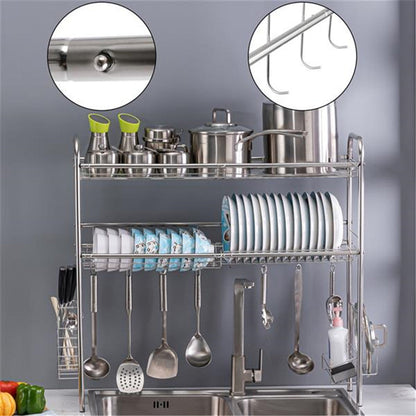 RONSHIN Double Layer Bowl Rack Shelf Dish Drainer 90cm Inner Length Kitchen Organizer Silver