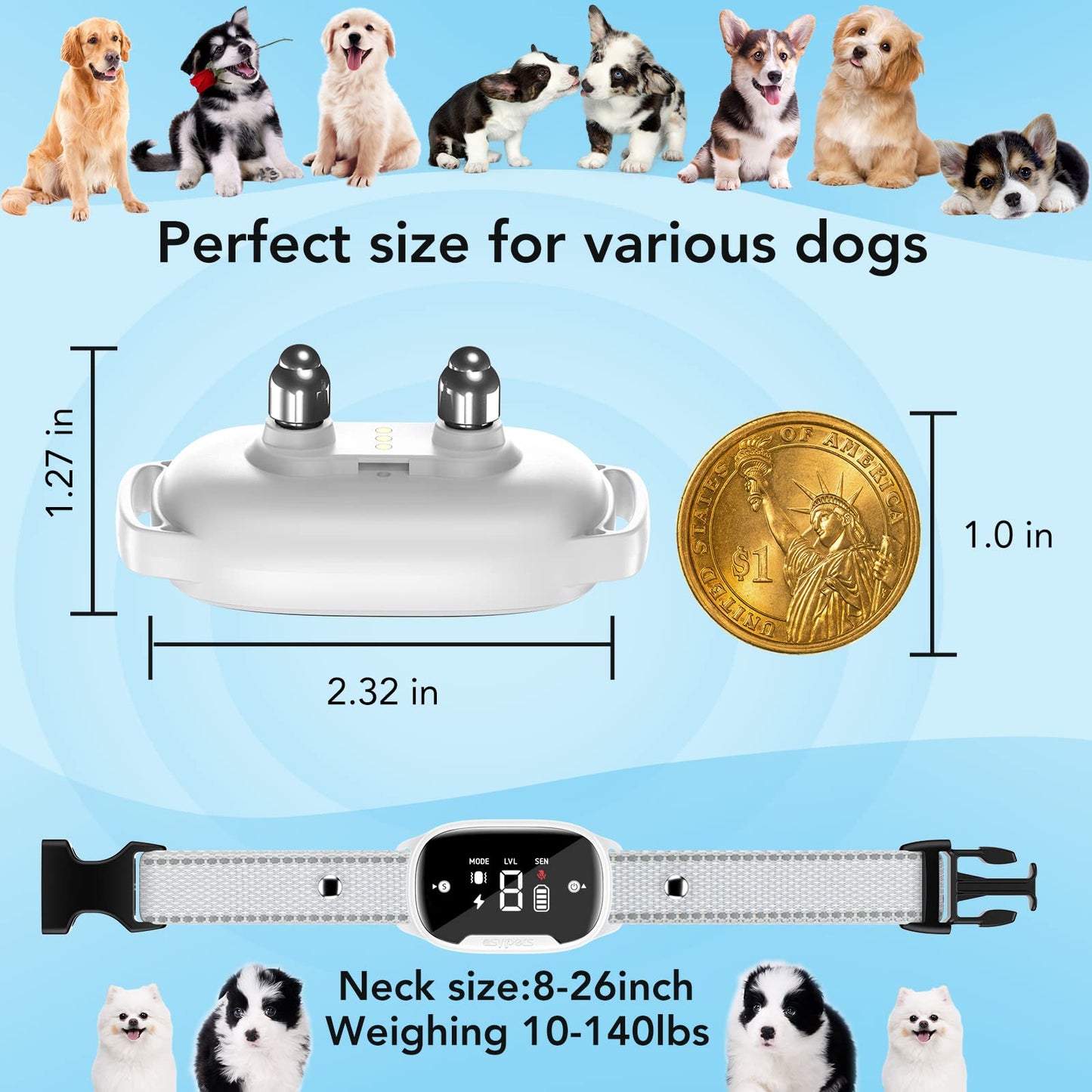 ASYPETS Bark Collar for Dogs Rechargeable Anti Barking Training Collar with 7 Intensity and 5 Sensitivity Levels