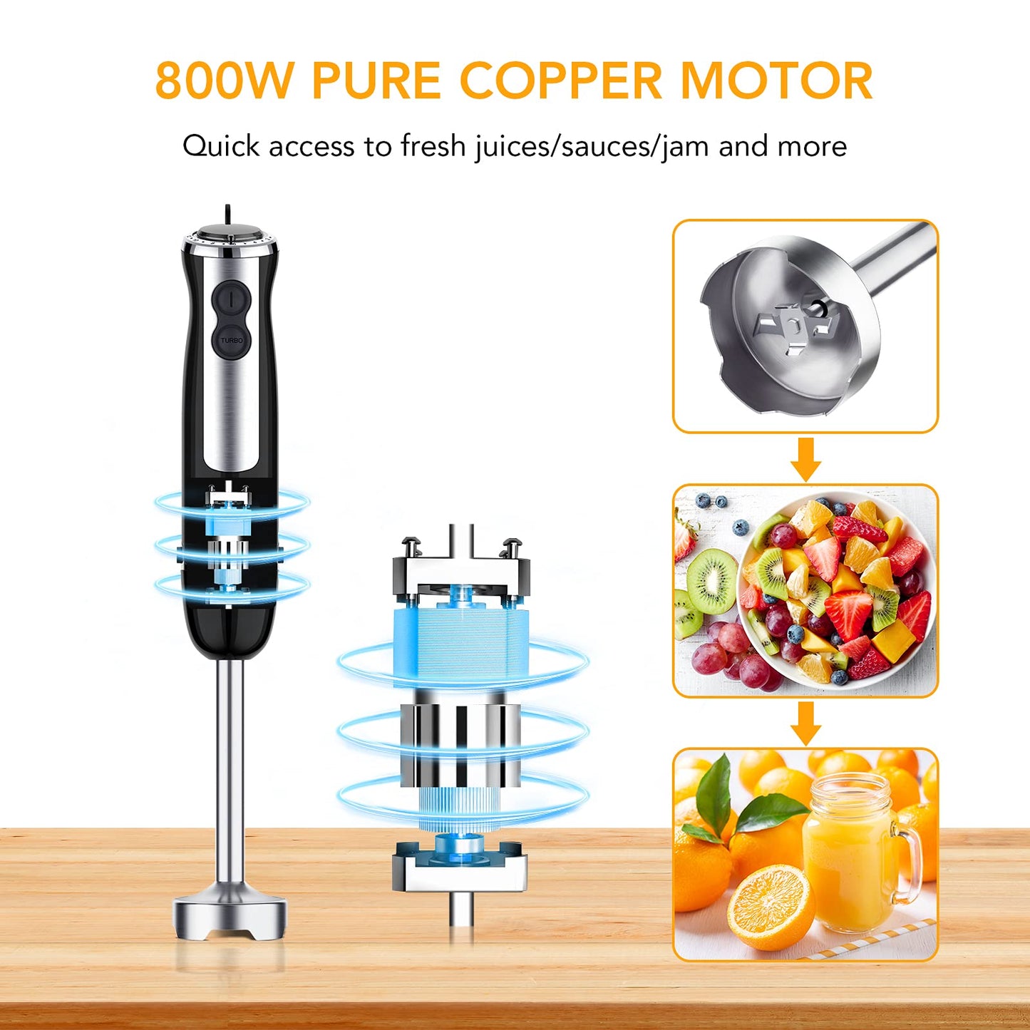 GARVEE 800W Immersion 5-in-1 Hand Blender 12 Speed Stainless Steel Stick Blender with Turbo Mode