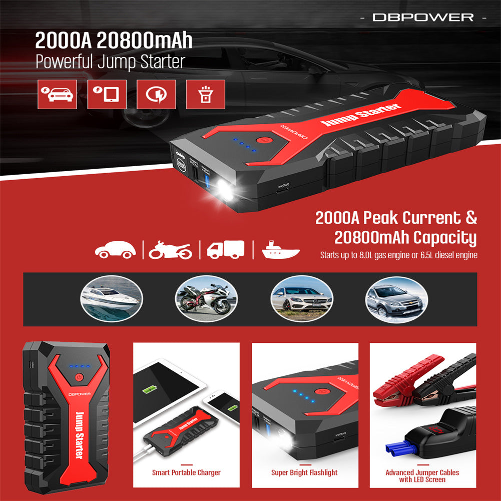 DBPOWER G16 Portable Car Jump Starter with LED Screen 2000a 20800mah Emergency Start Power Supply