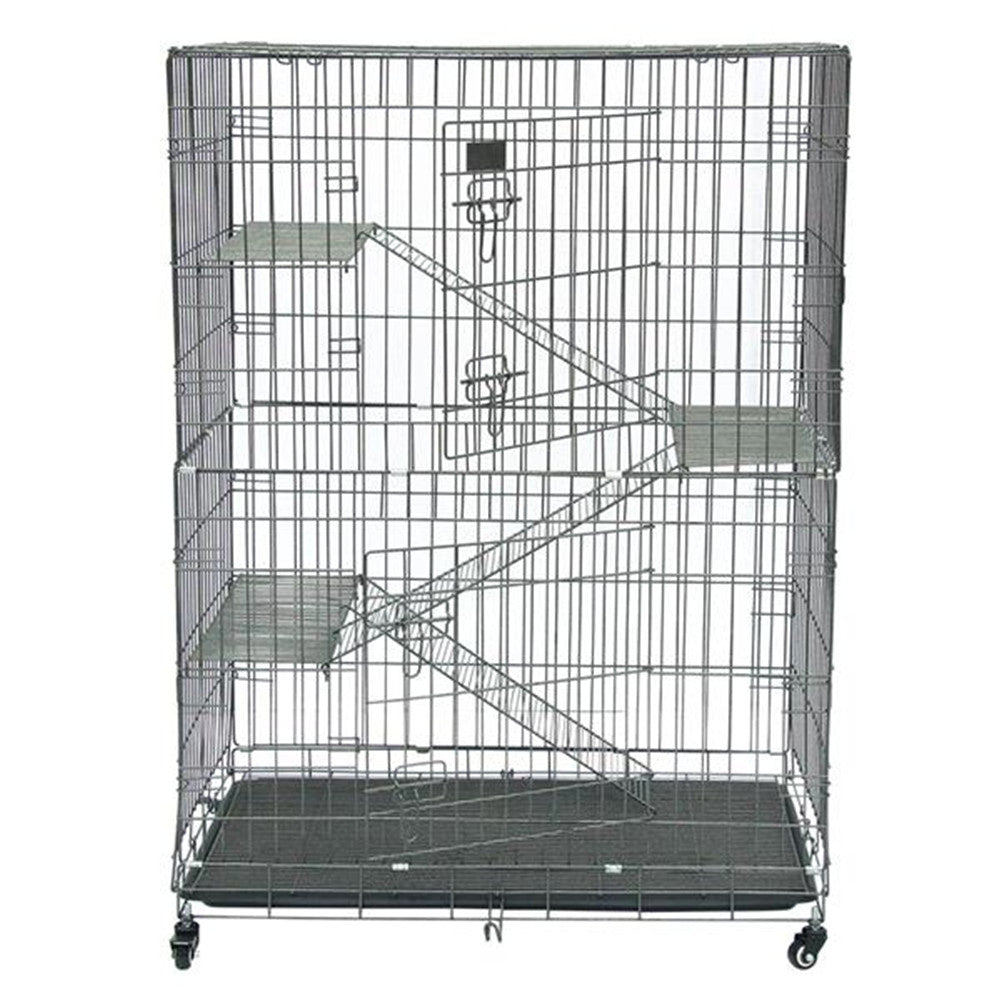 BEESCLOVER Pet Wire Cage Folding Game Fence Portability Cat Nest with Climbing Ladder Silver