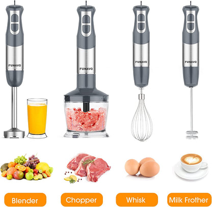 FUNAVO 5-in-1 Handheld Stick Blender Set 12 Speed Stainless Steel Mixer - Grey